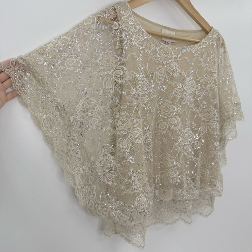 Eci Lace Ivory Beige Blouson Sheer 100% Nylon Blend Lined Blouse Sz L Event - Picture 4 of 9